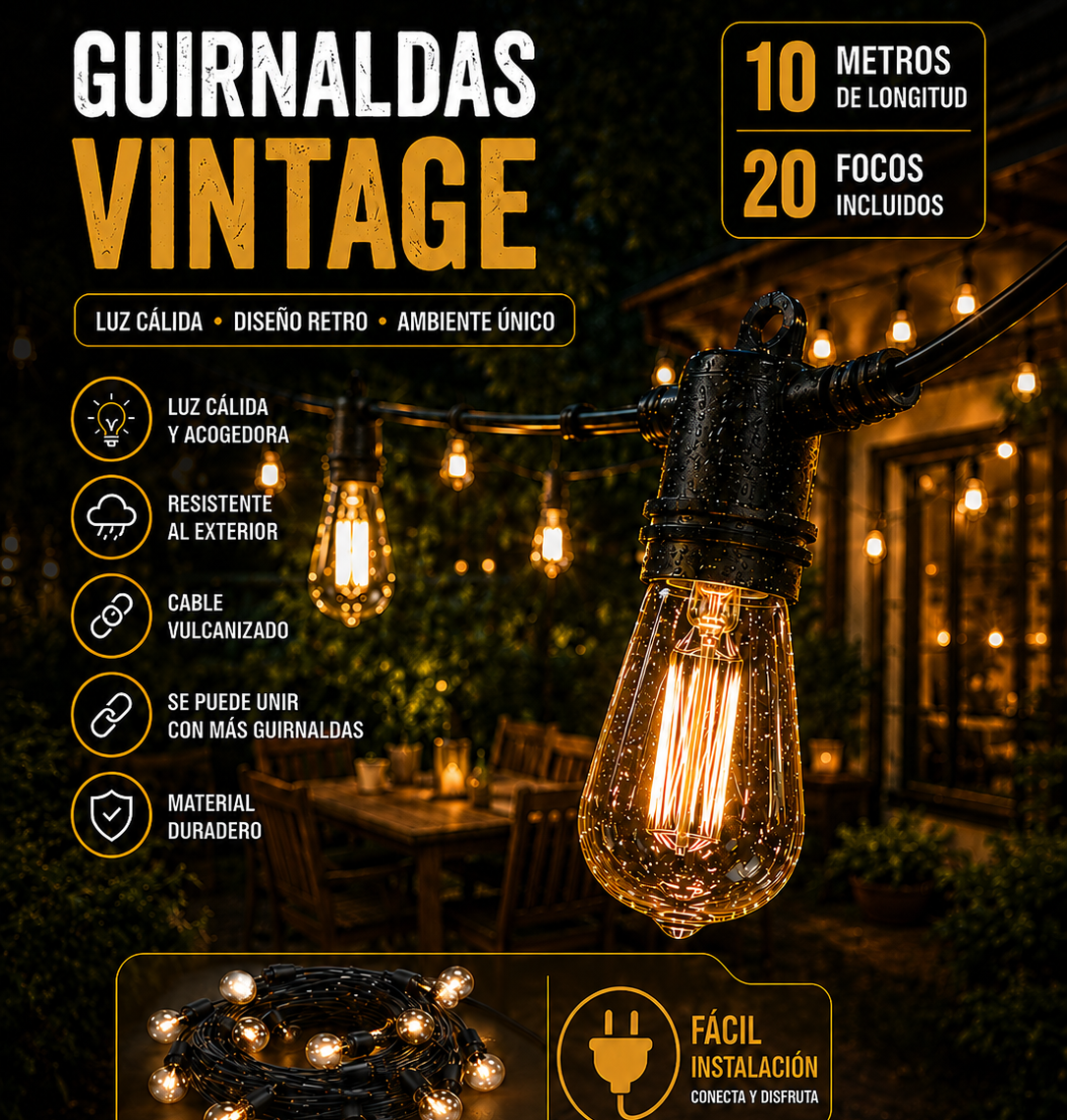 GUIRNALDAS LED VINTAGE DE 10 METROS 20FOCOS